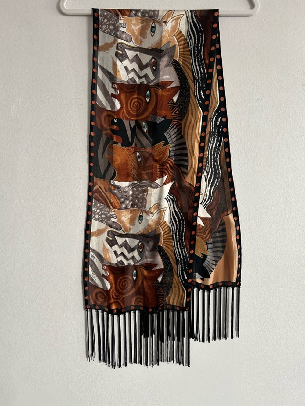 Laurel Burch Silk Scarf "Moroccan Mares " Black Brown Horses W/ Fringe 11” x 54"